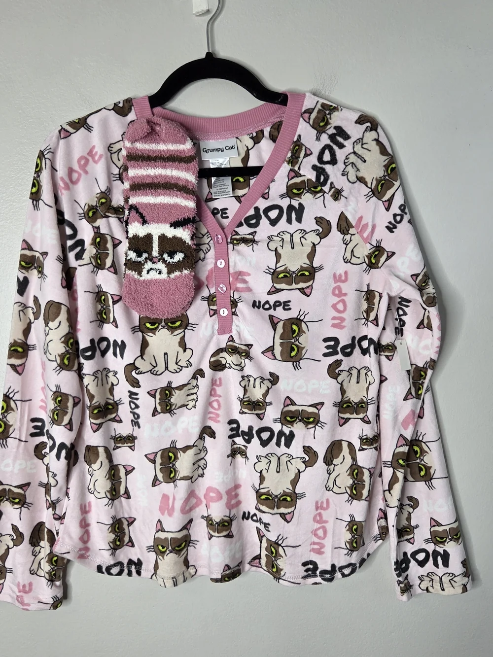 Grumpy Cat Cozy Pink Women's Pajama Set with Matching Socks